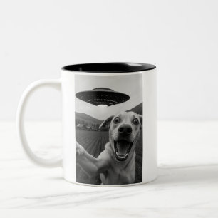 Funny Alien UFO Dog Selfie - Cool Cat & Space UFO Two-Tone Coffee Mug