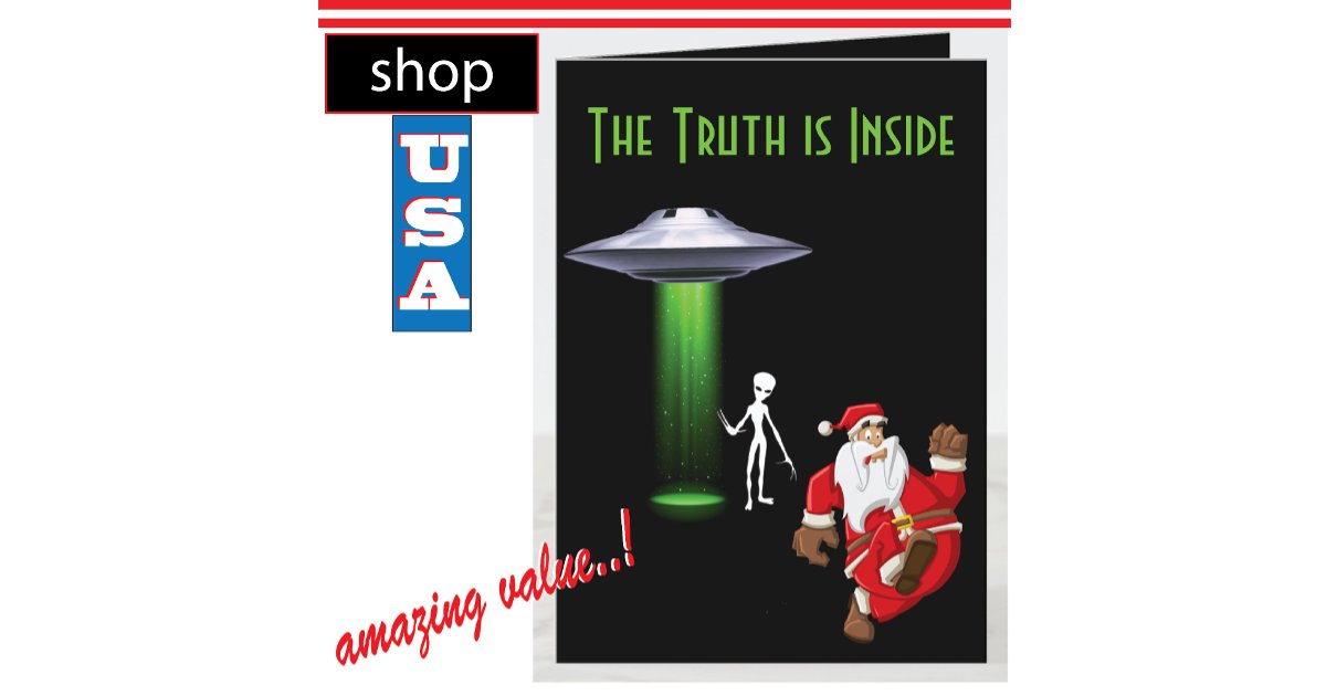 Funny Alien UFO Santa Running Holiday Card | Zazzle