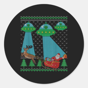 Funny Alien Ufo Santa Sleigh Ugly Christmas Sweate Classic Round Sticker