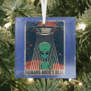 Funny Alien UFO Space Conspiracy Glass Ornament