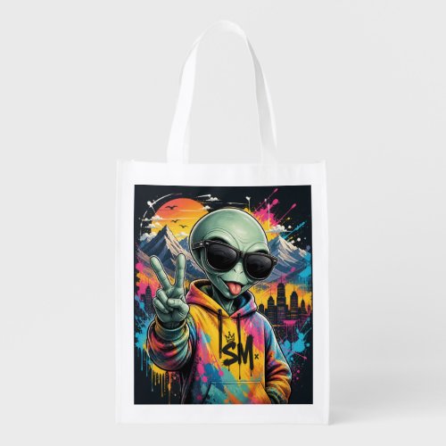 Funny Alien Vibes Grocery Bag