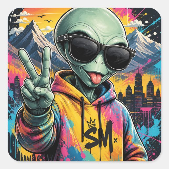 Funny Alien Vibes Square Sticker (Front)