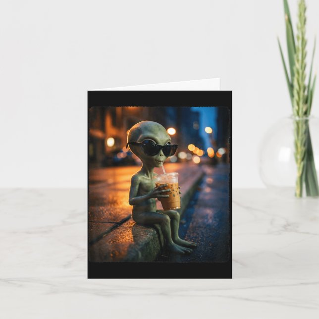 Funny alien wearing sunglasses drinking iced coffe card (Front)