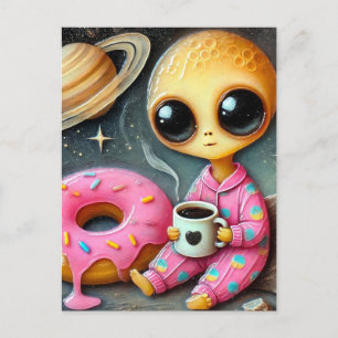 Funny Alien With Coffee and Donut in Space Postcard