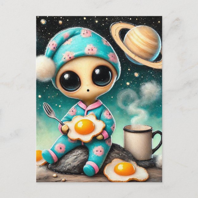 Funny Alien With Fried Eggs in Space Postcard (Front)