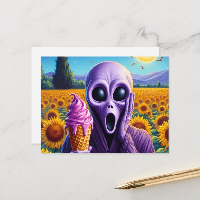 Funny Alien With Melting Ice Cream Faux Van Gogh Postcard (Front/Back In Situ)
