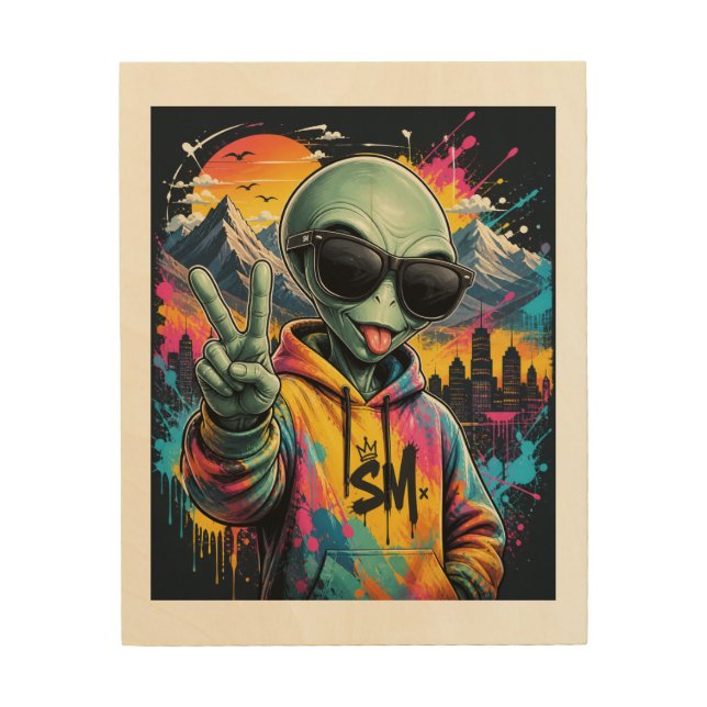 Funny Alien Wood Wall Art (Front)