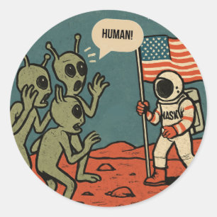 Funny Aliens and Astronaut in Space Classic Round Sticker