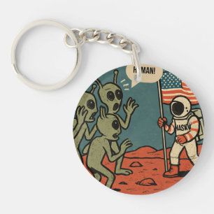 Funny Aliens and Astronaut in Space Keychain