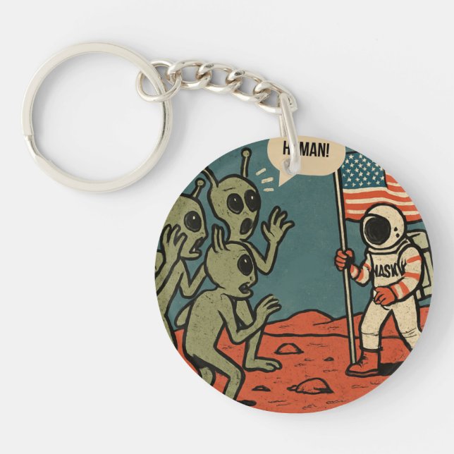 Funny Aliens and Astronaut in Space  Keychain (Front)