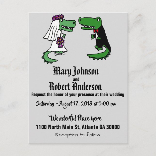 Funny Alligator Bride and Groom Wedding Invitation Postcard (Front)