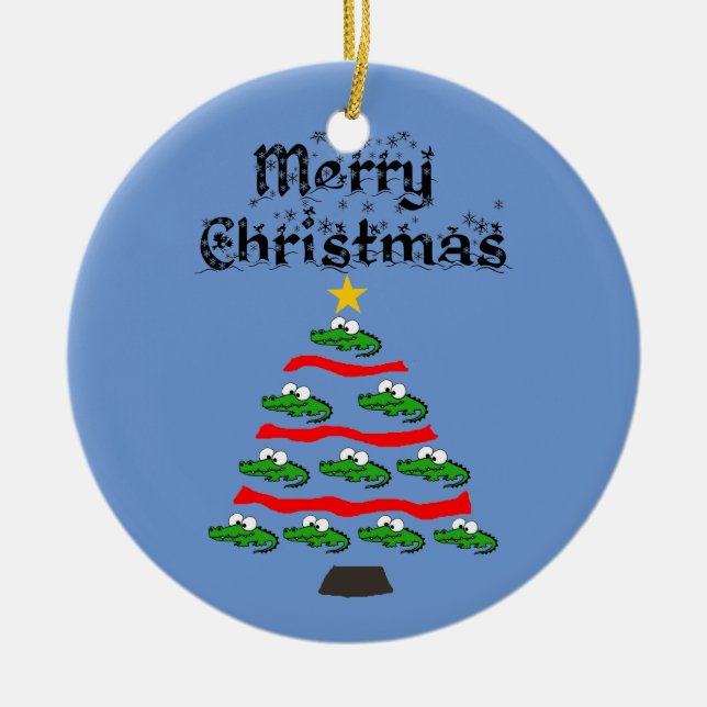 Funny Alligator Christmas Tree Cartoon Ceramic Ornament (Front)