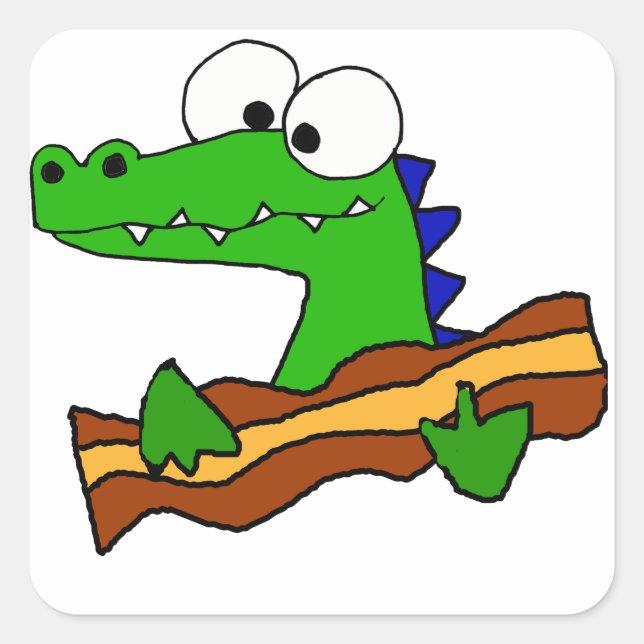 Funny Alligator Eating Bacon Artwork Square Sticker (Front)