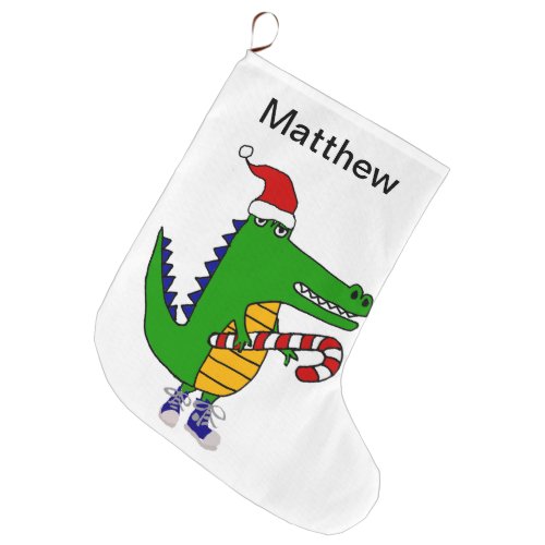 Funny Alligator in Santa hat Christmas Art Large Christmas Stocking