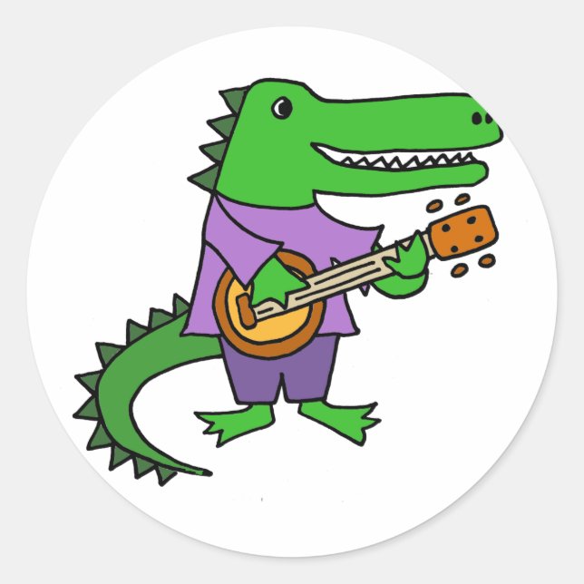 Funny Alligator Playing Banjo Cartoon Classic Round Sticker (Front)