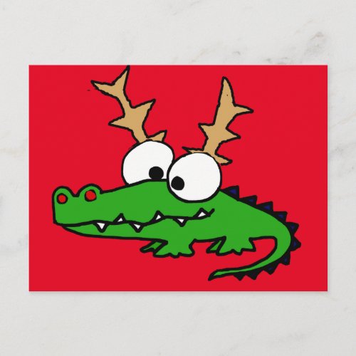 Funny Alligator with Antlers Christmas Art Holiday Postcard