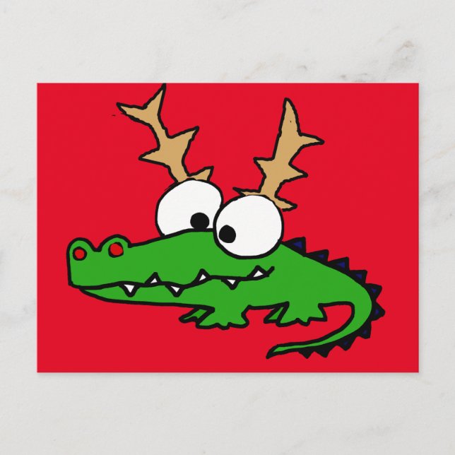 Funny Alligator with Antlers Christmas Art Holiday Postcard (Front)