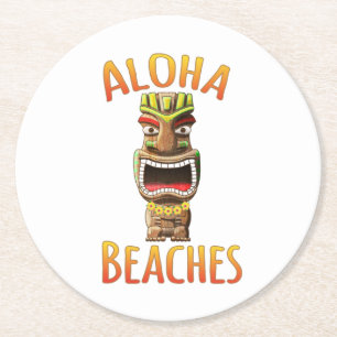 Funny Aloha Beaches Hawaiian Tiki Round Paper Coaster
