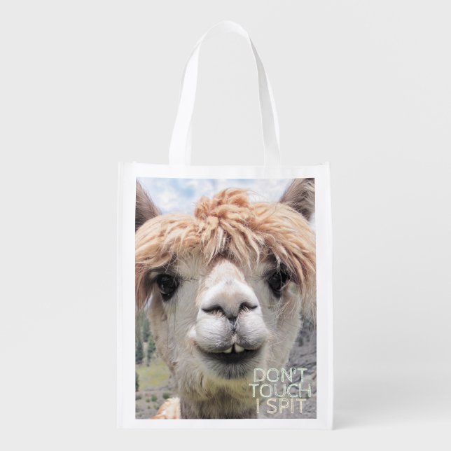 Funny Alpaca Llama Don't Touch I Spit Grocery Bag (Front)
