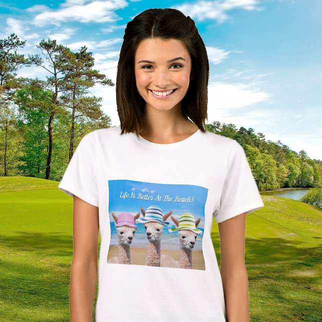 Funny Alpacas At Beach in Hats, Your Message T-Shirt (Creator Uploaded)