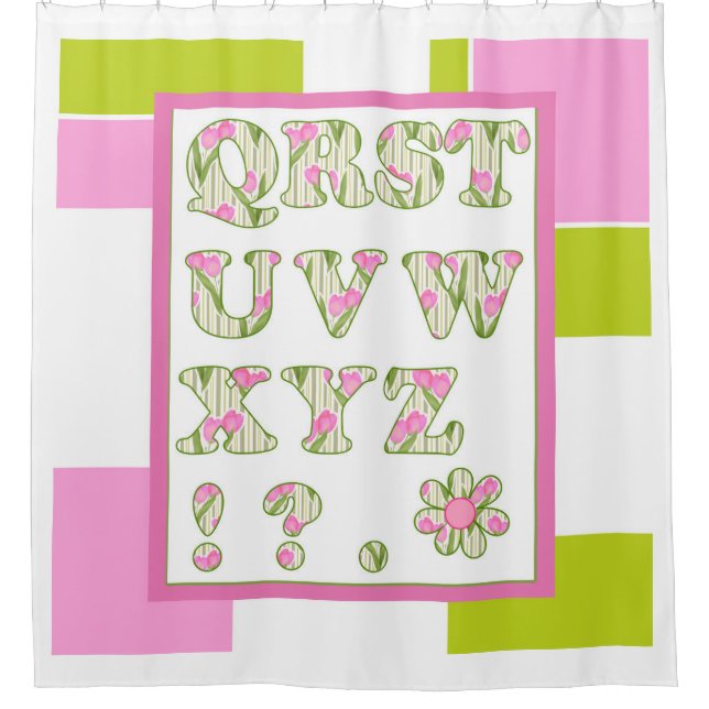 Funny alphabet, flower alphabet, alphabet shower curtain (Front)