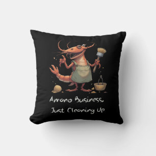 Funny Amano Shrimp Cleaning Cartoon with Mop Throw Pillow