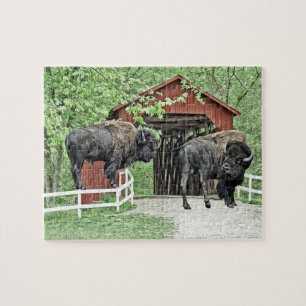 Funny American Bison At The Covered Bridge Jigsaw Puzzle