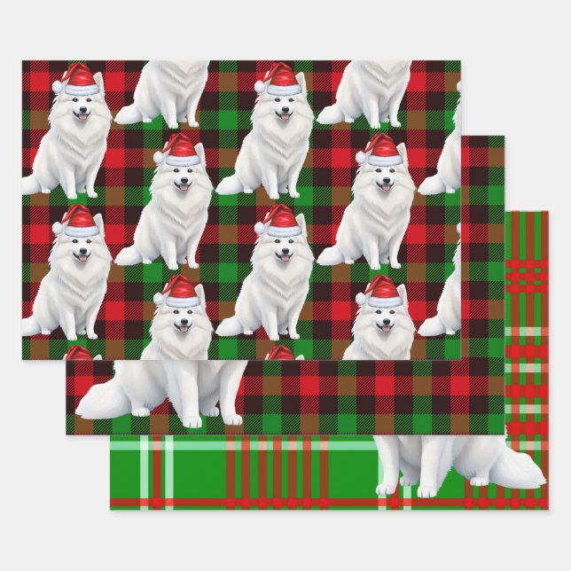 Funny American Eskimo Christmas Dog Red Plaid Wrapping Paper Sheets (Set)