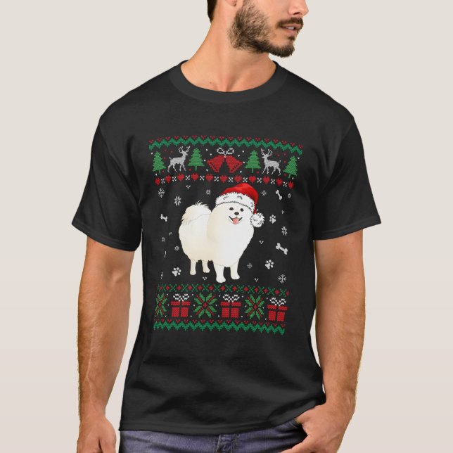 Funny American Eskimo Dog Santa Hat Christmas Gift T-Shirt (Front)