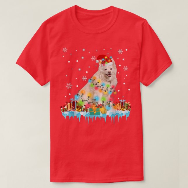 Funny American Eskimo Dog Tree Christmas Lights Xm T-Shirt (Design Front)