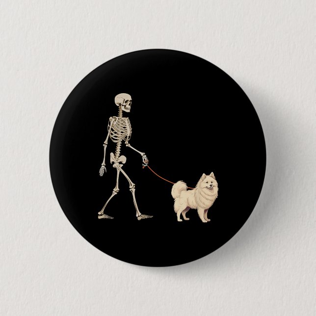 Funny American Eskimo Skeleton Dog Walking Button (Front)