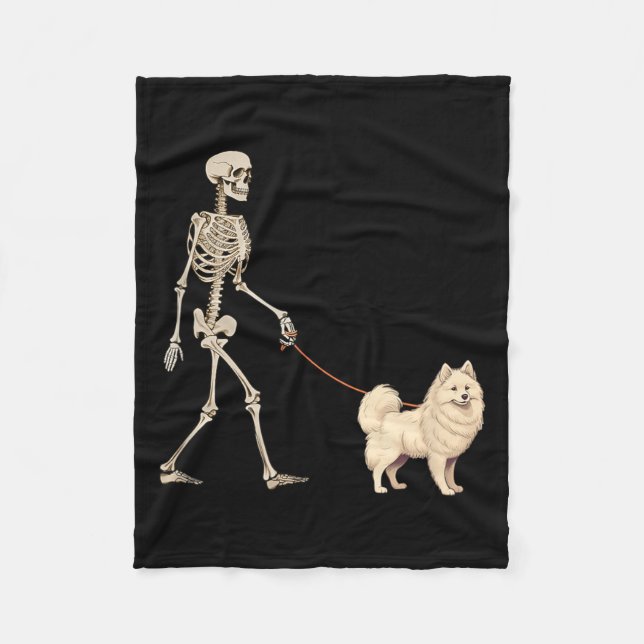 Funny American Eskimo Skeleton Dog Walking Fleece Blanket (Front)