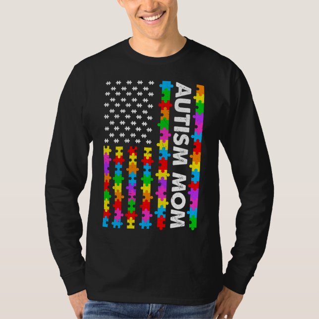 Funny American Flag Autism Mom Autism Awareness Fa T-Shirt (Front)