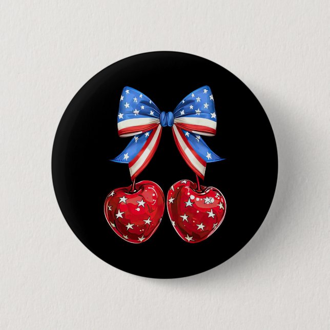 Funny American Flag Cherry Coquette Bow 4th Of Jul Button (Front)