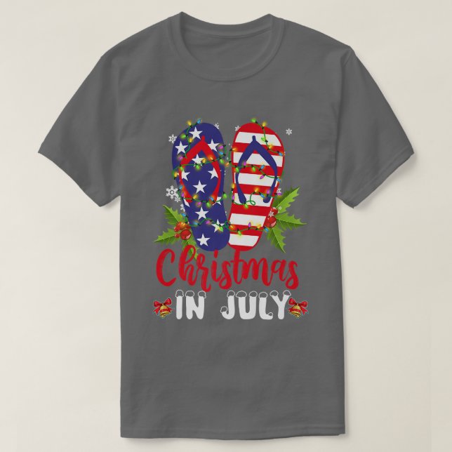 Funny American Flag Flip Flops Xmas Lights Christm T-Shirt (Design Front)