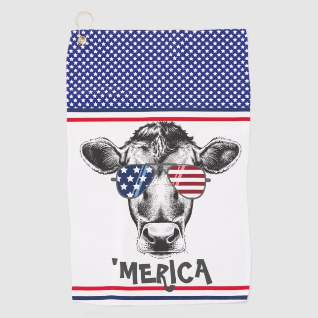 Funny American Hipster Cow  Golf Towel (Front)
