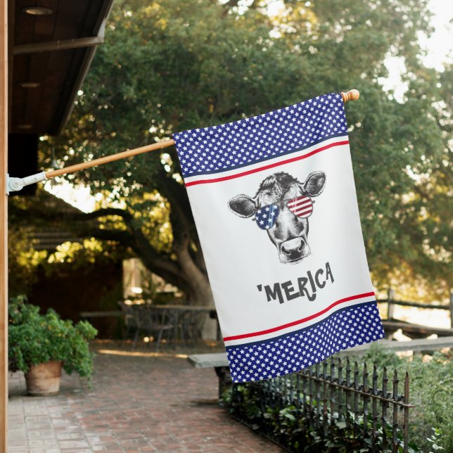 Funny American Hipster Cow   House Flag (In SItu)