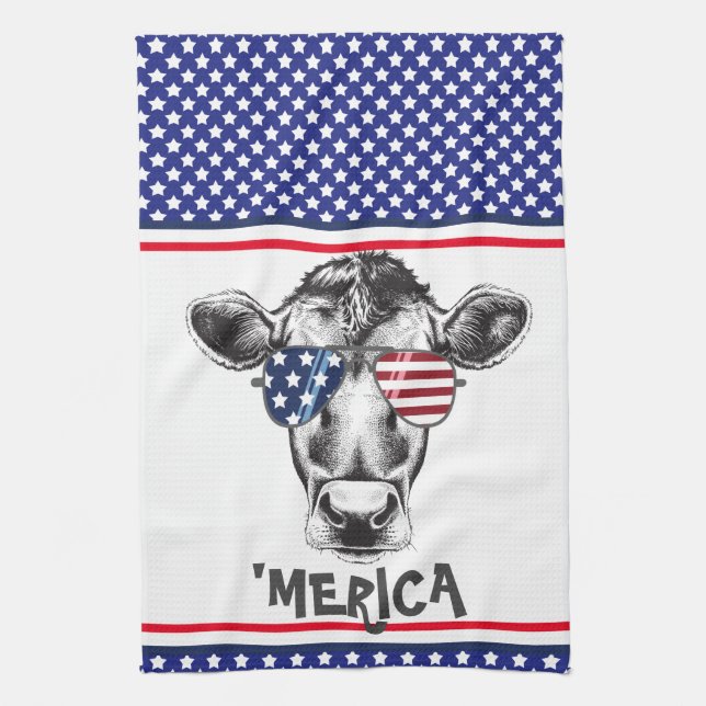 Funny American Hipster Cow  Kitchen Towel (Vertical)
