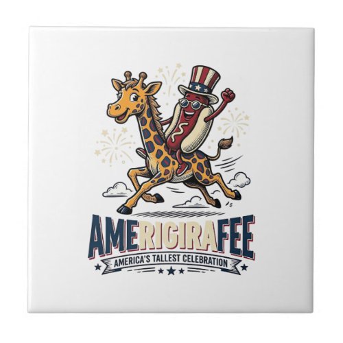 Funny Amerigiraffee Patriotic Giraffe Hot Dog Shir Ceramic Tile
