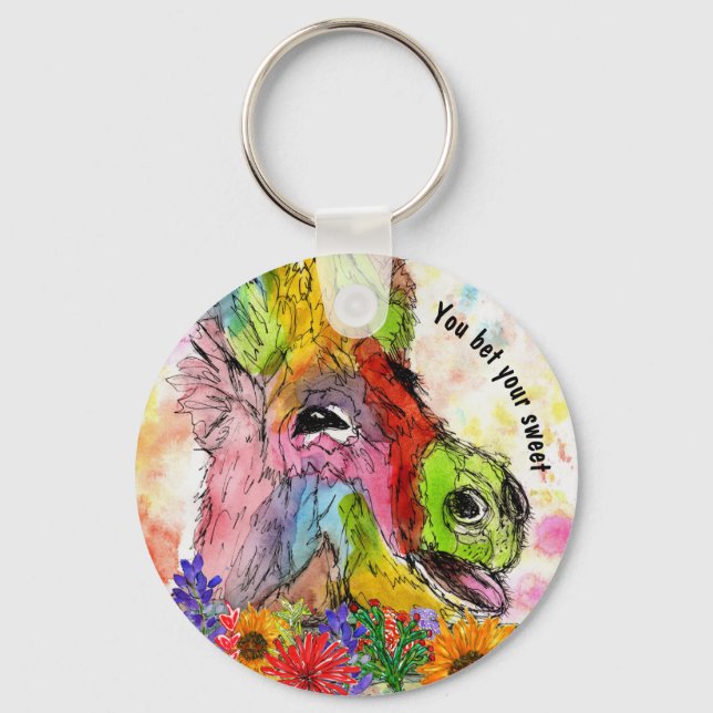 Funny and Colorful Watercolor Donkey Keychain (Front)