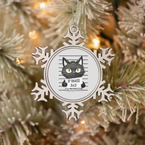 Funny and Cute Black Cat Mugshot Snowflake Pewter Christmas Ornament