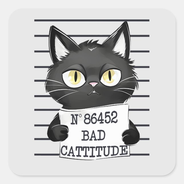 Funny and Cute Black Cat Mugshot Square Sticker (Front)