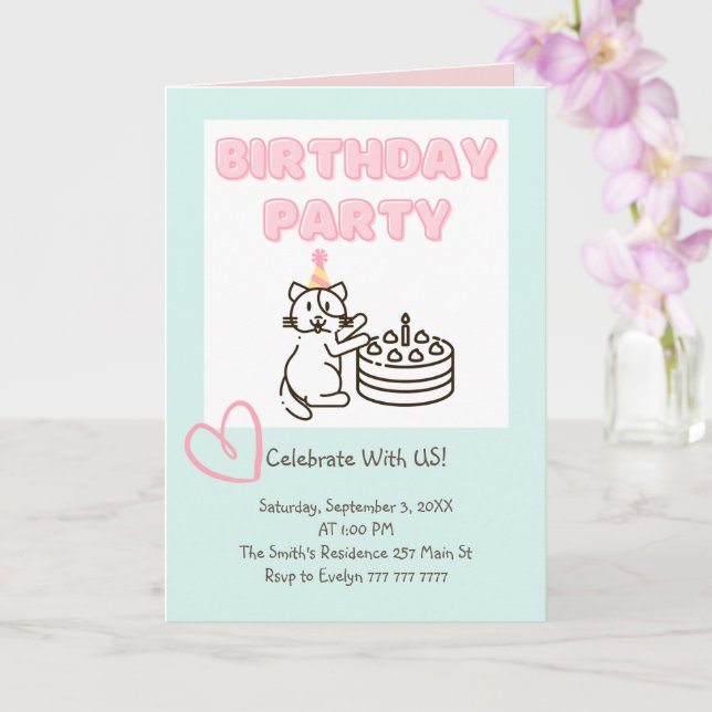 Funny and Cute Cat&Cake Birthday Invitation  (Orchid)