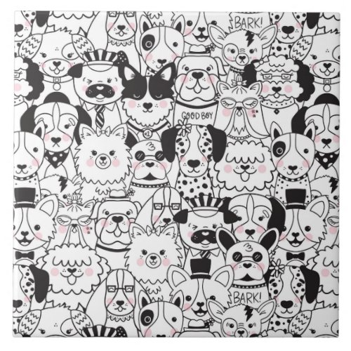 Funny and Cute Dog Breeds Black and White Pattern Ceramic Tile