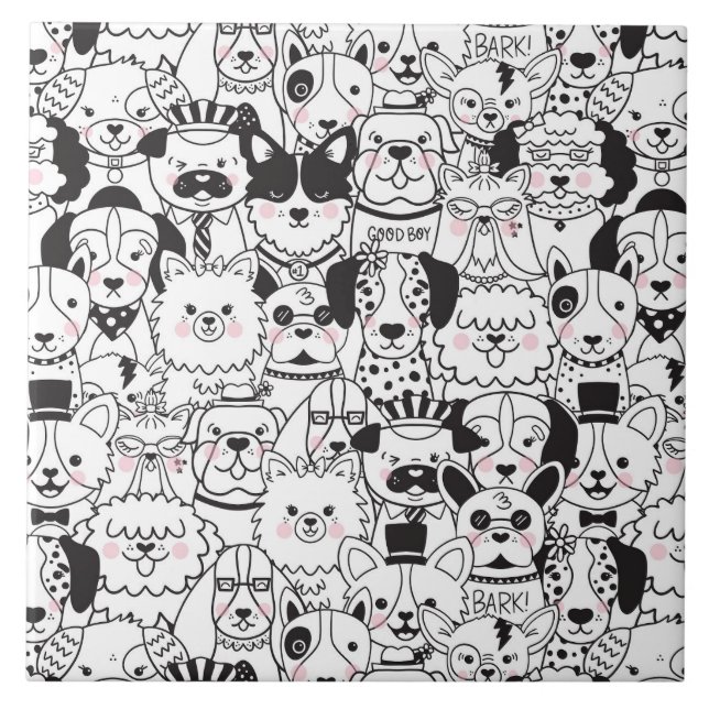 Funny and Cute Dog Breeds Black and White Pattern Ceramic Tile (Front)