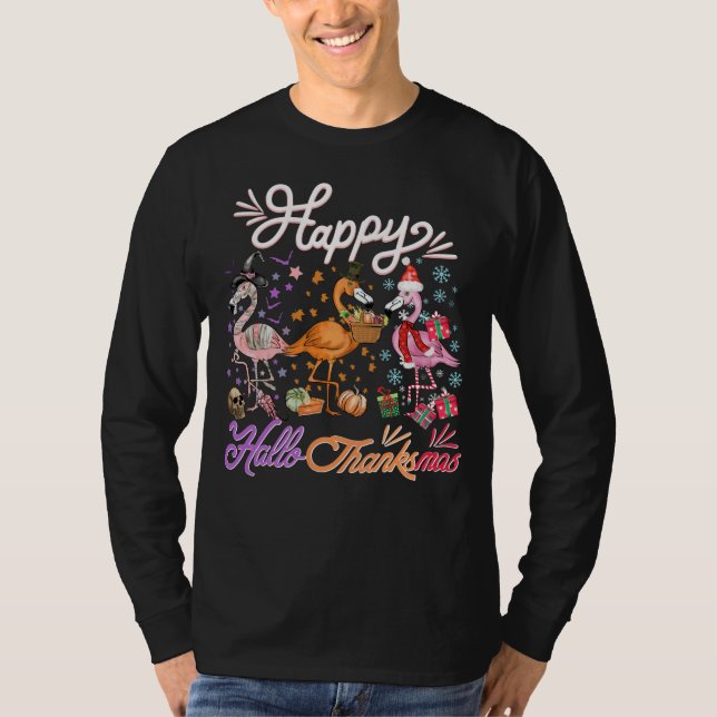 Funny And Cute Flamingo Happy HalloThanksmas 2023 T-Shirt (Front)