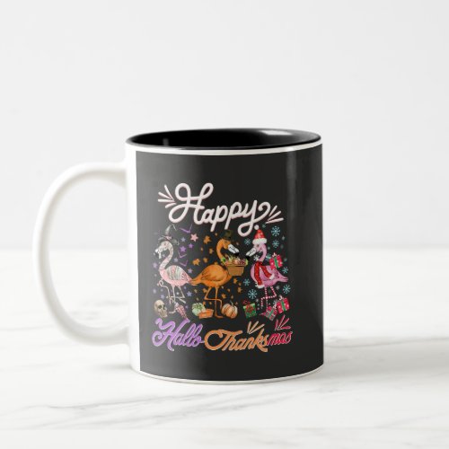 Funny And Cute Flamingo Happy HalloThanksmas 2023 Two_Tone Coffee Mug