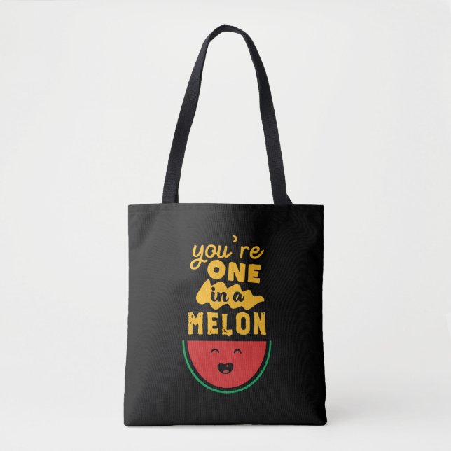 Funny and Cute Watermelon Fruit Pun One In A Melon Tote Bag (Front)
