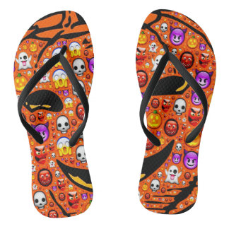 Funny and Scary Halloween Pumpkin with Emoji Flip Flops
