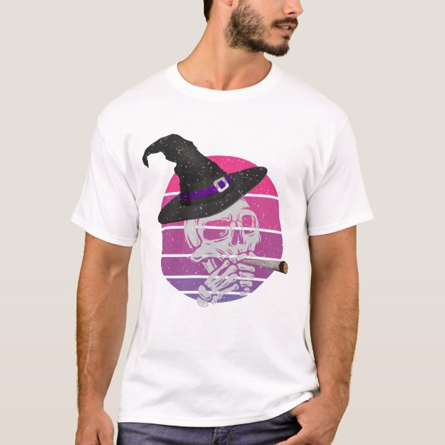 Funny And Scary Skull Smoking Cigarette T-Shirt (Front)